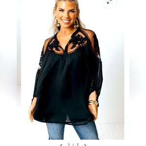 Black Lace Detailed Semi Sheer  Button Down Women’s Blouse Plus Size 2X
